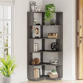1easylife 648722200942 6-tier Corner Book Shelf 64.9 Inch Tall Freestanding Wood Industrial Bookcase