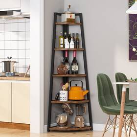 1easylife 648722235661 Brown/ Black Corner Ladder Shelf 5 Tier Bookshelf