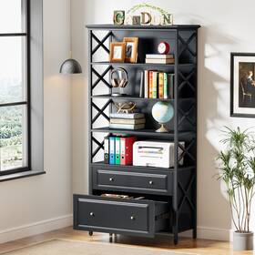 1easylife 648722289701 Tall Narrow Bookshelf With 2 Drawers 5 Tier Bookcase Book