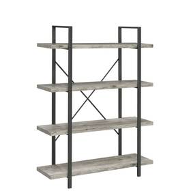 Benjara 192551858633 Ana 55 Inch Wood Bookcase 4 Shelves Crossed Metal Design Grey Modern And Contem