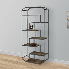 Benjara 192551858657 72 Inch Wood Bookcase Geometric Metal Frame 7 Shelves Grey Modern And Contempor