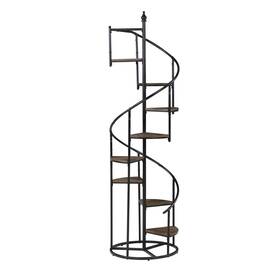 Benjara 192551858664 69 Inch Wood Bookcase Spiral Metal Frame Staircase Design Brown Black Modern