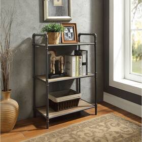 Benzara 192551206380 Three Tier Metal Bookshelf With Wooden Shelves Oak Brown And Modern Conte