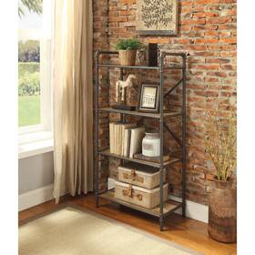 Benzara 192551206397 Three-tier Metal Bookshelf With Wooden Shelves Oak Brown And Americana