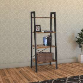 Benzara 192551268340 Four Tiered Rustic Wooden Ladder Shelf With Iron Framework Brown Modern And Conte