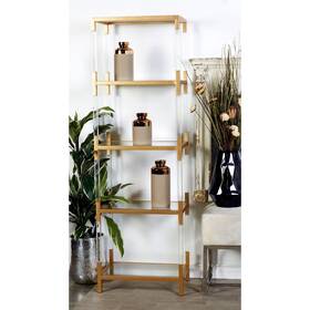 Benzara 758647569366 Gold Metal Minimalistic 5 Tier Shelving Unit With Clear Modern And Contempora