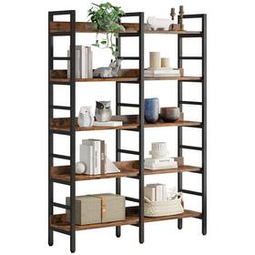 Bookcase 648722165081 5-tier Double Wide Bookshelf With Wood And Meta Frame Rustic Brown 47.24 X 11.6