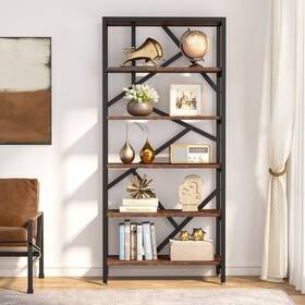 Bookshelves 648722134605 71 Inch Industrial Bookshelf 6 Tier Rustic Brown Wood Etagere Rusic Industria
