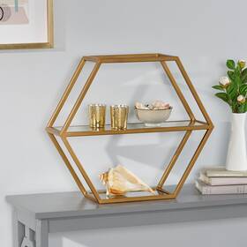 Christopher Knight Home 194798036195 Lepley Modern Glam Handcrafted Glass 2 Shelf Hexagonal Antique Gold Clear 19.5