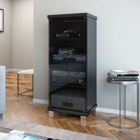 Corliving 887178258729 Holland Media Storage Cabinet With Glass Doors Black Modern And Contemporary Casu
