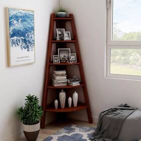 Denhour 842744159770 Dh Basic Space Saving Tiered 5-shelf Corner Bookshelf By Cherry Traditional Cla