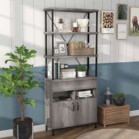 Denhour 842744163708 Dh Basic Farmhouse Vintage Grey Oak 5-shelf And 2-drawer Transi
