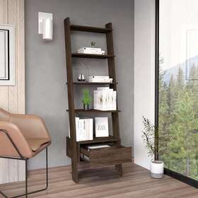 Depot E-shop Llc 791002247868 Kobe Ladder Bookcase With 5 Shelves And 1 Drawer Brown Modern Contemporary