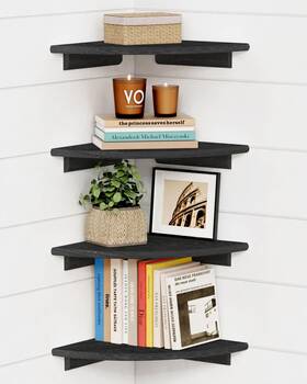 Fbcs23-102 Forbena Black Floating Corner Bookshelf For Wall Set Of 4 Large Plant