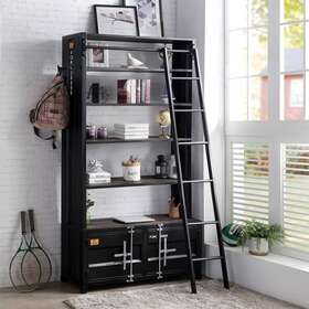 Furniture Of America 193578429110 Corridor Industrial Black Metal Bookcase With Ladder By Urban Rustic