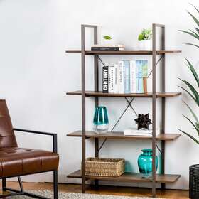 Glitzhome Llc 941327141721 Rustic Metal Wooden 4-tier Storage Bookcase Walnut 4.6ft