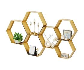 Gonice 658358537473 Hexagon Floating Shelves Set Of 6 Gold Metal Wall Mounted For