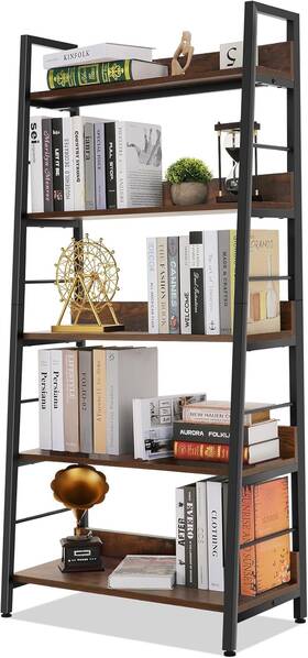 Himimi 5568 5 Tier Ladder Bookshelf Industrial Wood Metal Frame Rustic Brown