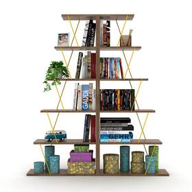 Homedora 619206109051 Koola 57ftft H X 25ftft W Ladder Bookcase Open Shelves Walnut-yellow Modern And Contem