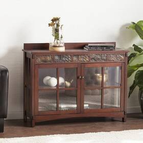 Homeroots 808224193573 Earthy Mission Style Wood Slate And Glass Low Curio Brown Craftsman
