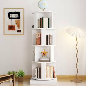 Hrveocei 782365781502 4-tier 360 Rotating Bookshelf Tower 63 Inch Revolving Bookcase White Wooden Frame