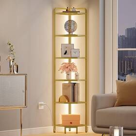 Hzuaneri Cs09699g Corner Shelf With Led Lighting 6-tier Glass Bookshelf Steel Frame