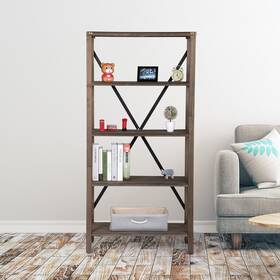 Kahomvis 774602547699 Rustic 63.38 Inch Gray 5-shelf X Bookcase With Open Back Clas