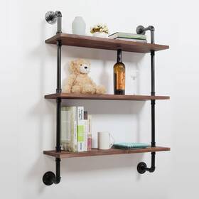 Kahomvis 774602547729 31.5 Inch 3-tier Brown Wall Mounted Iron Floating Pipe Shelves Baking Board Modern
