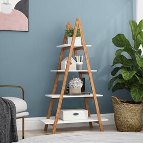 Kahomvis 774758712002 53.54 Inch Solid Bamboo Wood Oxford Ftaft Frame Ladder Display White Modern And Conte