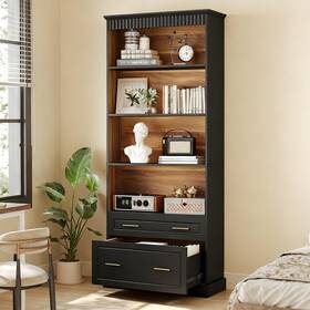 Little Tree D4502 72 Inch 5-tier Black Bookcase With File Drawer