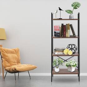 Liveditor 668574952721 Simple Design Four-story Bookshelf With Steel Frame Wood Color Black Modern And Co