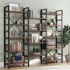 Liveditor 698452150123 Triple Wide 5-shelf Bookcase Bookshelf Shelve Wood And Metal Brown