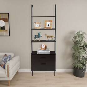 Liveditor 698452380926 Modern Bookshelf With Wood Drawers And Matte Steel Frame Black Walnut