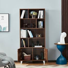 Moda Furnishings 194484999843 68 Inch Bookcase With 2 Doors Bookshelf Walnut Modern And Contemporary Classic