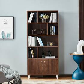 Moda Furnishings 194485000524 68 Inch Bookcase With 2 Doors Bookshelf Walnut Modern And Contemporary