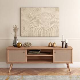 Npd Furniture And More 842587130141 Thelma Kd 59.5 Inch Rattan Tv Stand Oak Mid-century Modern