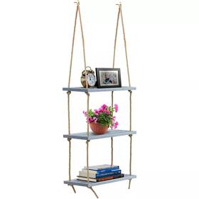 89522965 Sorbus 3-tier Rustic Wood Hanging Shelf - Storage Rope Organizer Rack Floating