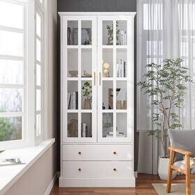 Timechee 763704755538 Glass Cabinet 70.1 Inch White Display Curio Storage With