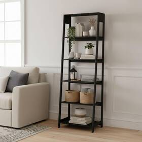 80-shf-4-blk-twn Trademark Global 5-tier Ladder Bookshelf - Modern Freestanding Wooden Bookcase With Leaning Look