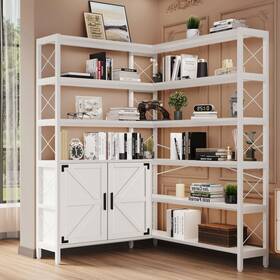 Wildhome 823792242867 6-shelf Corner Bookshelf Large White Barn Door L-shaped