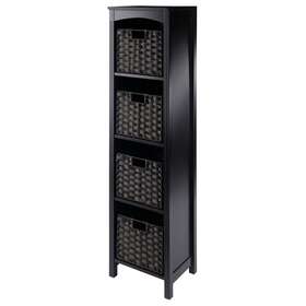 Winsome Wood 021713925930 Terrace 5-pc Storage Shelf With 4 Foldable Woven Baskets Espresso Transitional