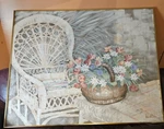 Vanguard Studio Sign Oil Painting Flower Basket & Wicker Chair 47 1/2 X6. Fixed Price $450.00.
