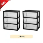 2 Pack Sterilite Wide 3 Drawer Tower Black Plastic Storage Organizer Cart Unit. Fixed Price $43.99.