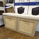Light Wood Storage Bench With Beige Canvas Cushion And Cabinet Doors. Fixed Price $79.00.