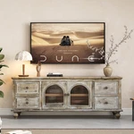 Farmhouse Tv Stand With 4 Drawers & 2 Glass Doors, Rustic Wood Media Console. Fixed Price $457.00.