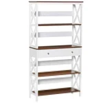 Homcom Bookcase 59.75 In. Walnut Wooden 4-SHELF X-shaped Design Pull Out Drawer. Fixed Price $138.58.