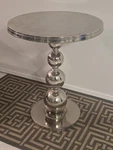 Vintage Mid Century Modern Atomic Round Polished Aluminum & Steel Pedestal Table. Fixed Price $248.00.