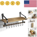 Rustic Wall-mounted Floating Shelf With Towel Bar & 8 Hooks Organize Style. Fixed Price $33.99.