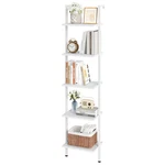 Elyken 70" White 5-TIER Wood Ladder Wall Bookshelf Metal Frame Organizer. Fixed Price $100.27.