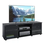 Corliving Fiji Black Engineered Wood Stand With Glass Doors For Up To 75". Fixed Price $230.00.